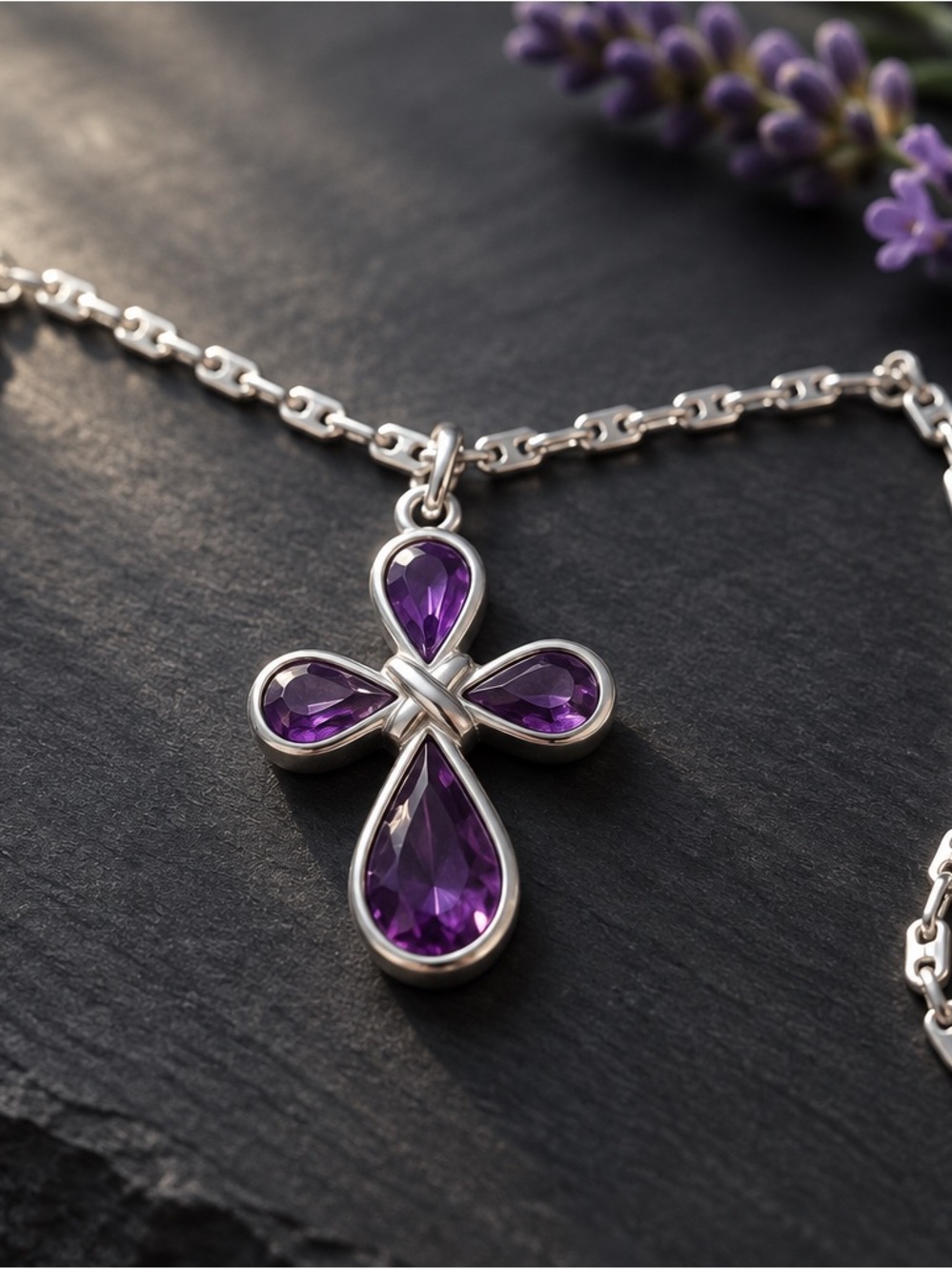 Avon Silver Cross Necklace with Purple Stones